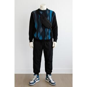 Travel Smith Coogi Style Sweater Men Large Blue Black Abstract Preppy Academia